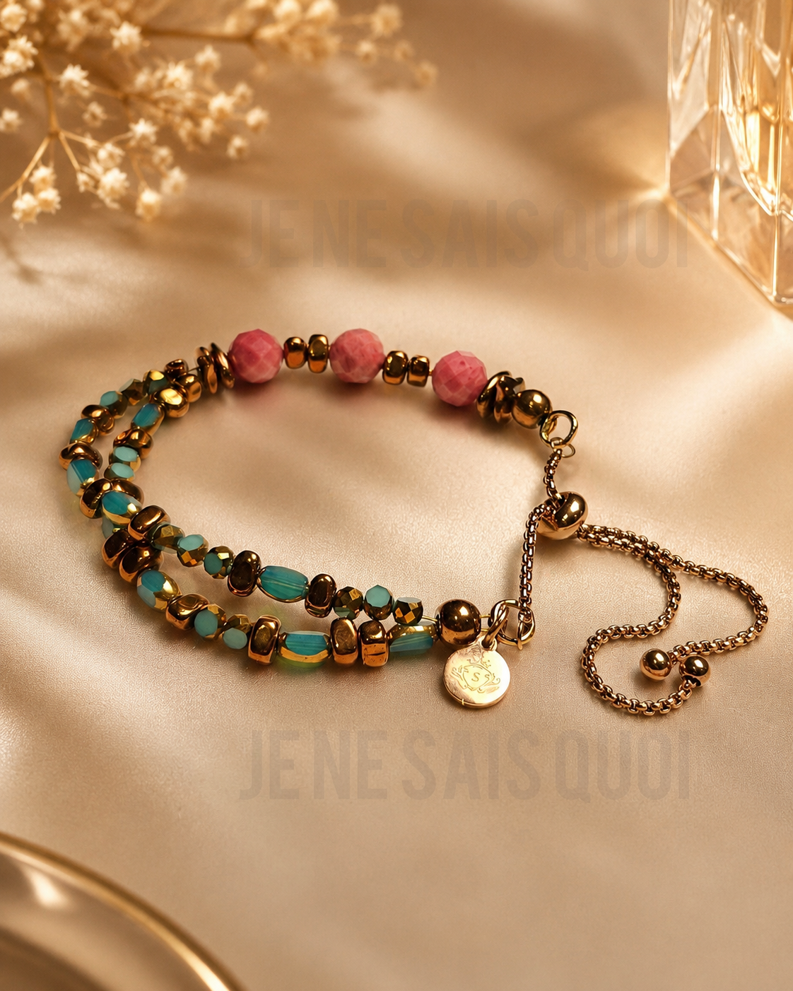Strawberry Agate, Turquoise Glass and Gold-Toned Bracelet