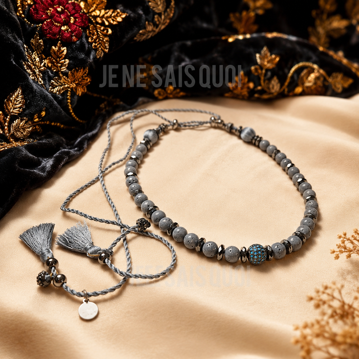 Slate Blue Coral Stone, Gunmetal Hematite and Silk Tassel Jewelry Set