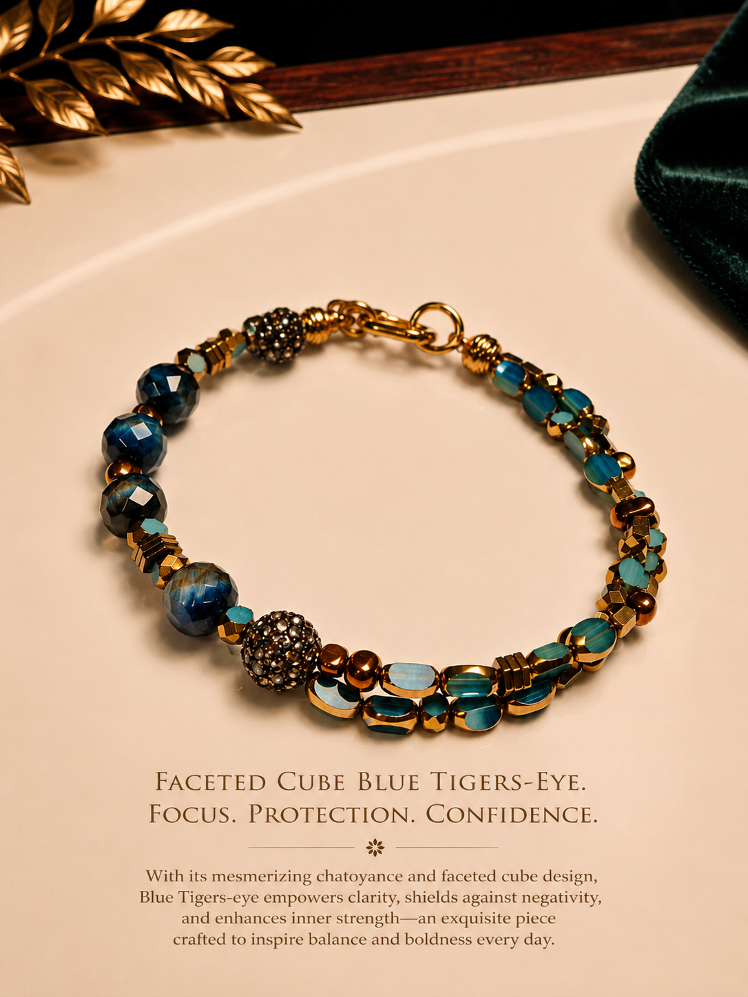 Faceted Cube Blue Tiger’s-Eye Statement Bracelet