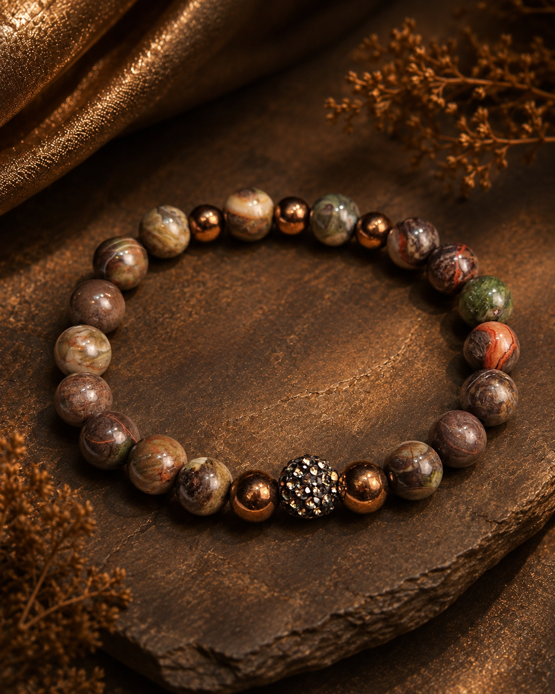 Brown Lace Rhodonite & Blackened Champagne Rhinestone Bracelet