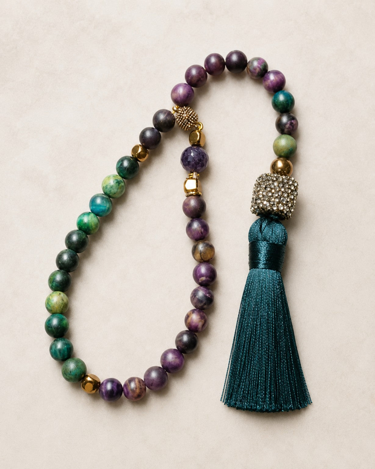 Purple and Green Tiger’s-Eye Tasbeh with Teal Silk Tassel