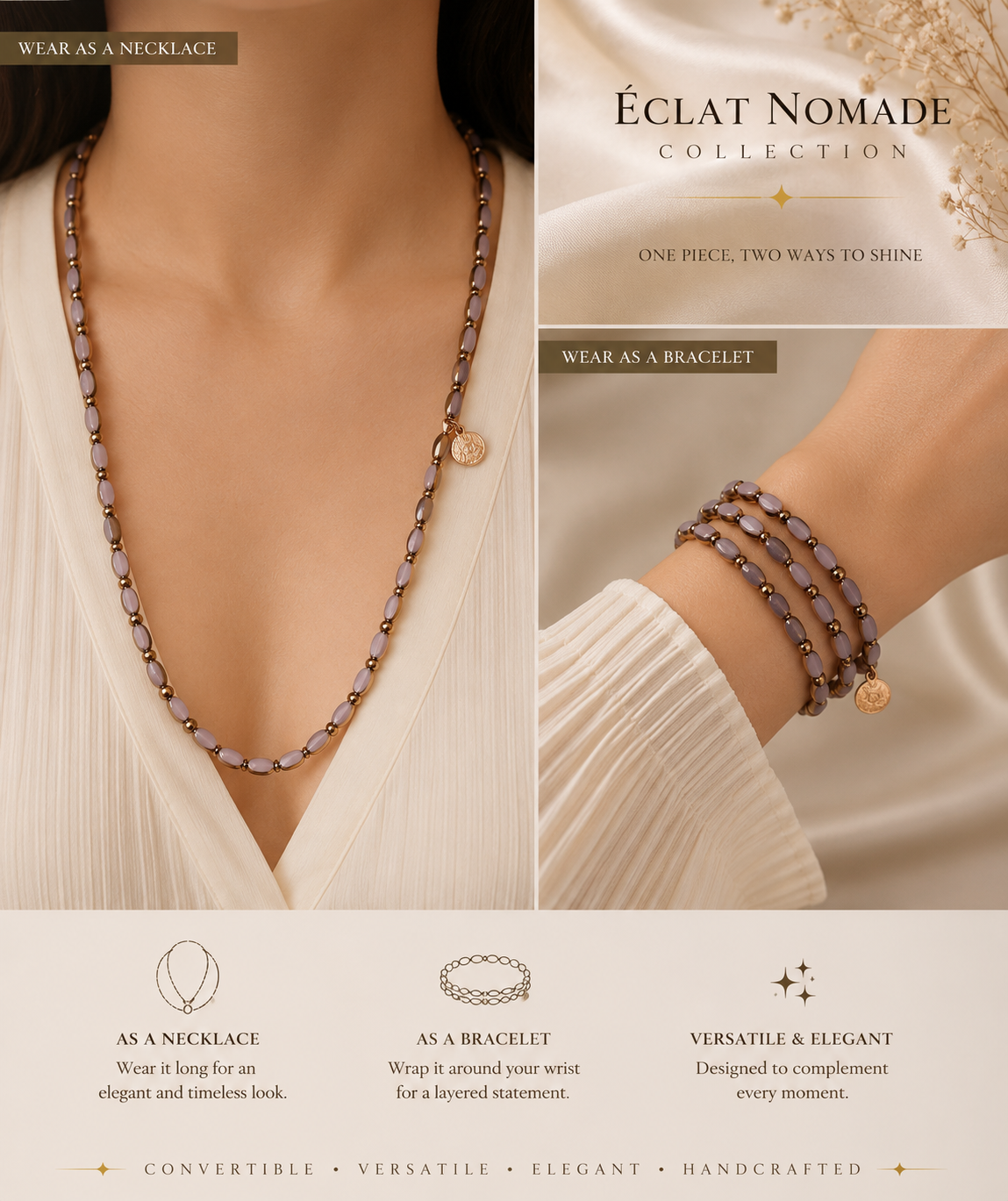 Gray Mauve and Mauve Convertible Necklace with Rose-Gold Charm