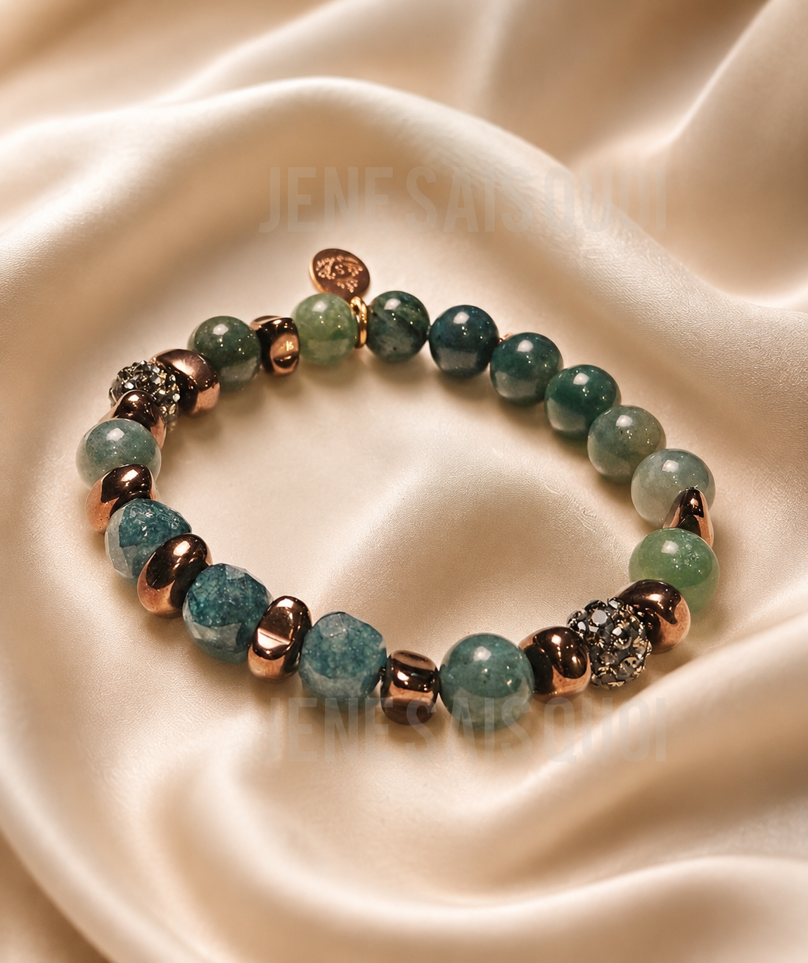 Moss Agate, Bronze Hematite and Champagne Rhinestone Bracelet