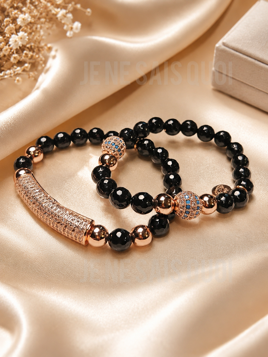 Onyx, Rose Gold and Turquoise Stretch Bracelet Set