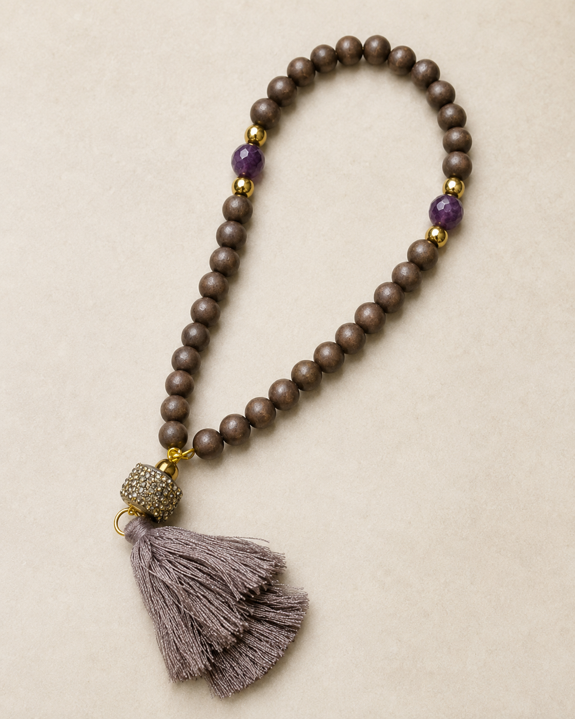 Burgundy Wood and Amethyst Tasbeh with Layered Mauve Tassel