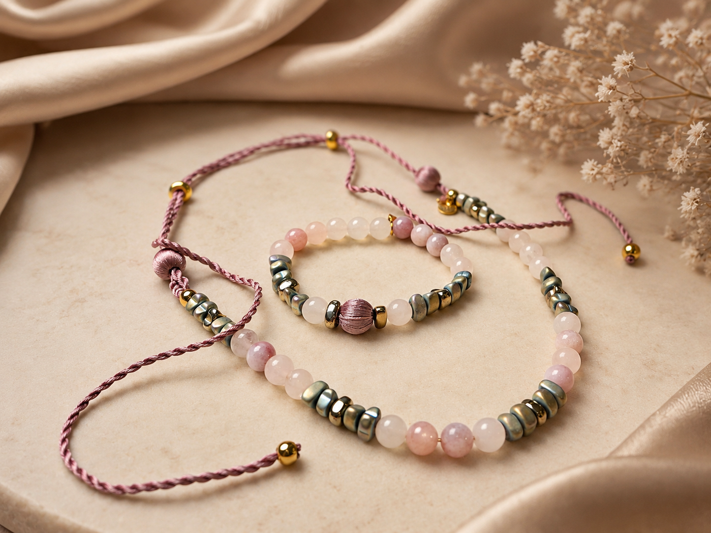 Strawberry Quartz & Frosted Hematite Necklace and Bracelet Set
