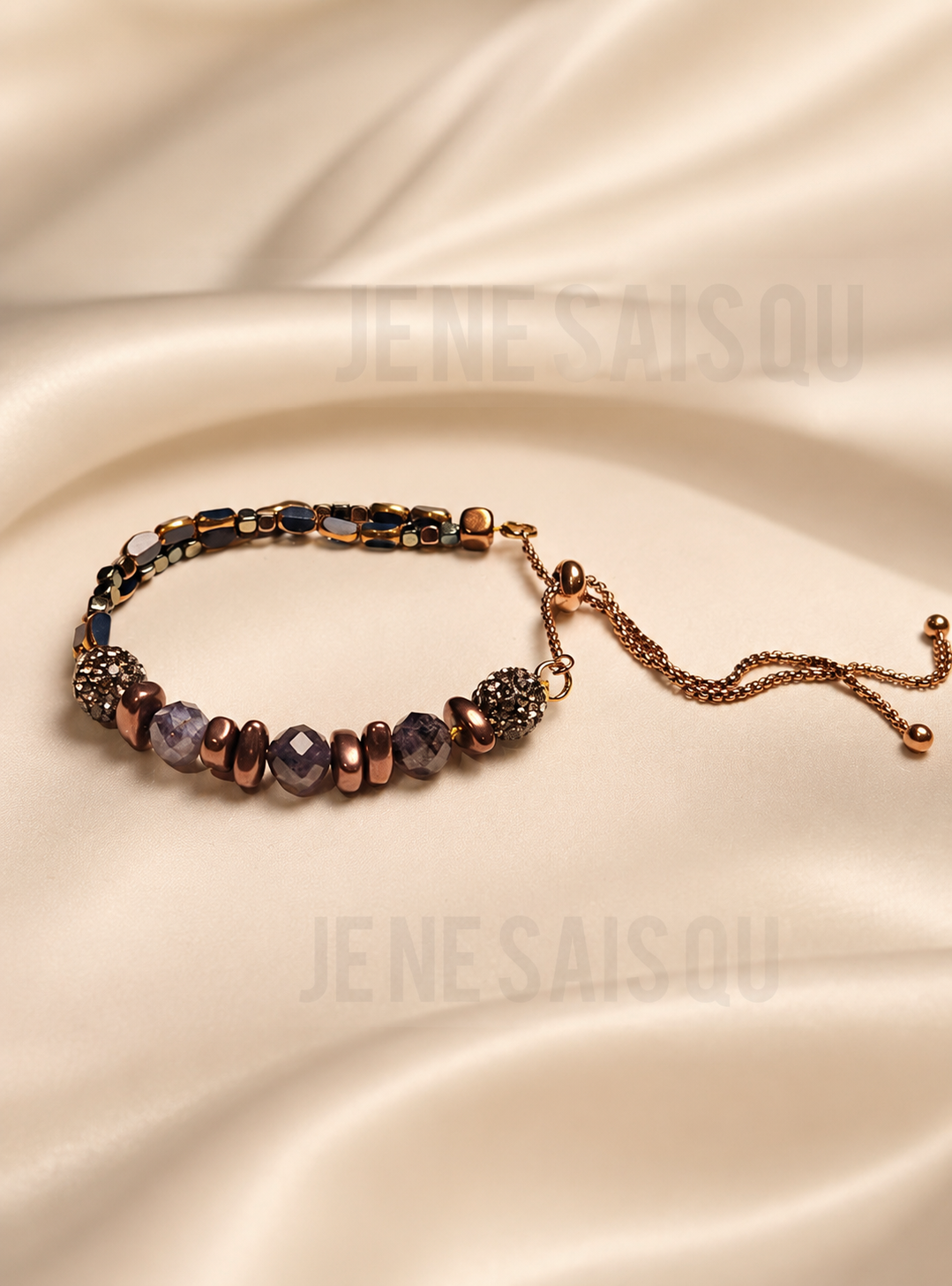 Cordierite, Navy Glass and Copper Hematite Adjustable Bracelet