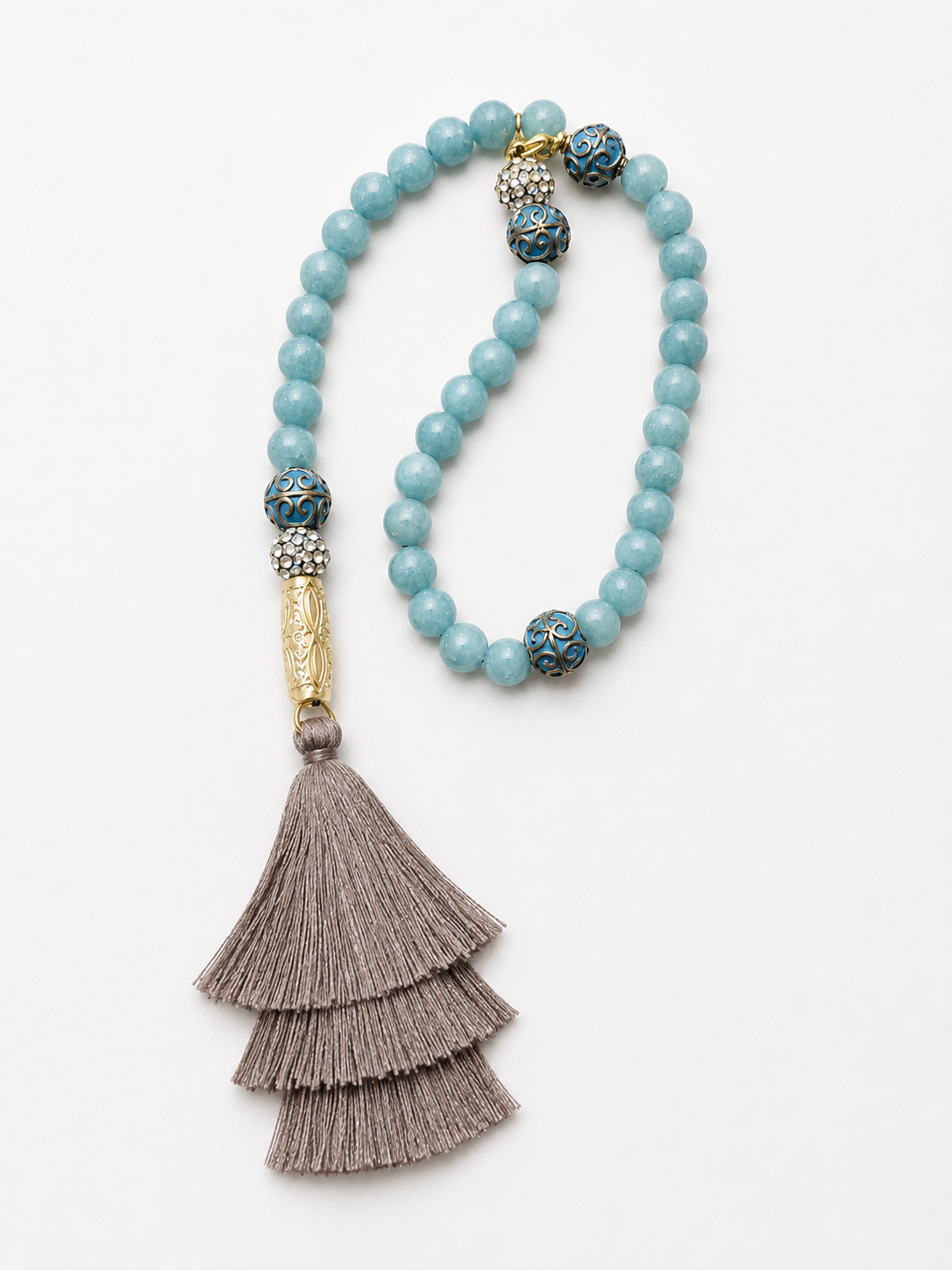 Aquamarine Tasbeh with Rose-Gold Accents and Layered Tassel