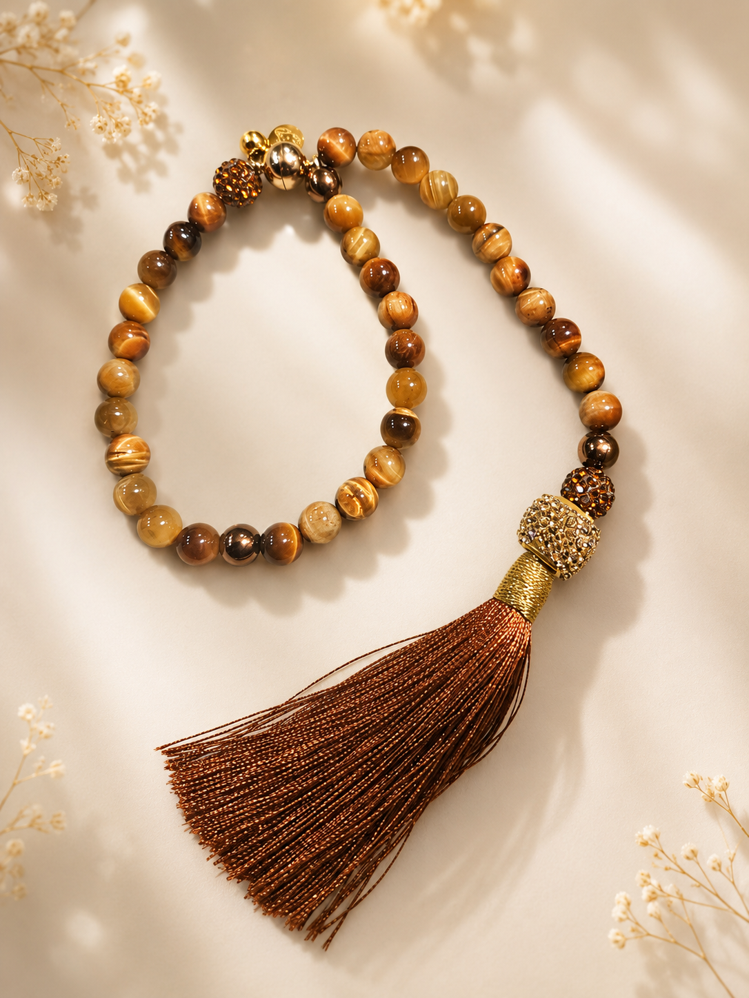 Tiger’s-Eye Tasbeh with Magnetic Closure and Silk Tassel