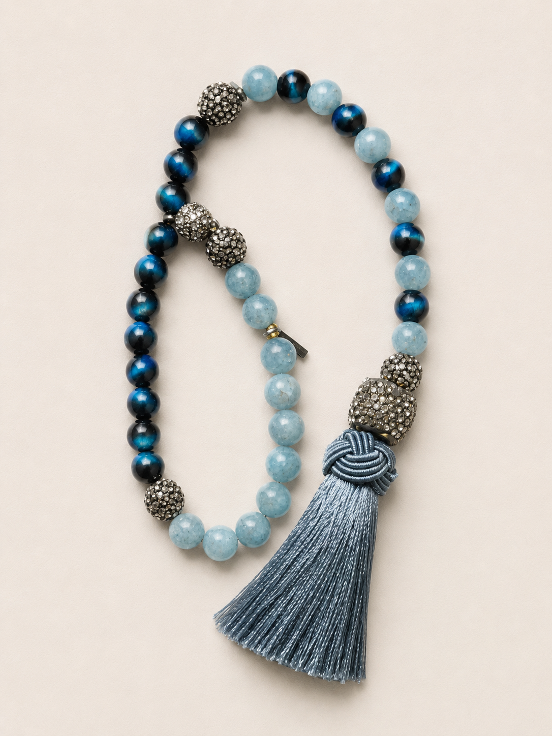 Aquamarine and Lake Blue Tiger’s-Eye Tasbeh with Blue Silk Tassel