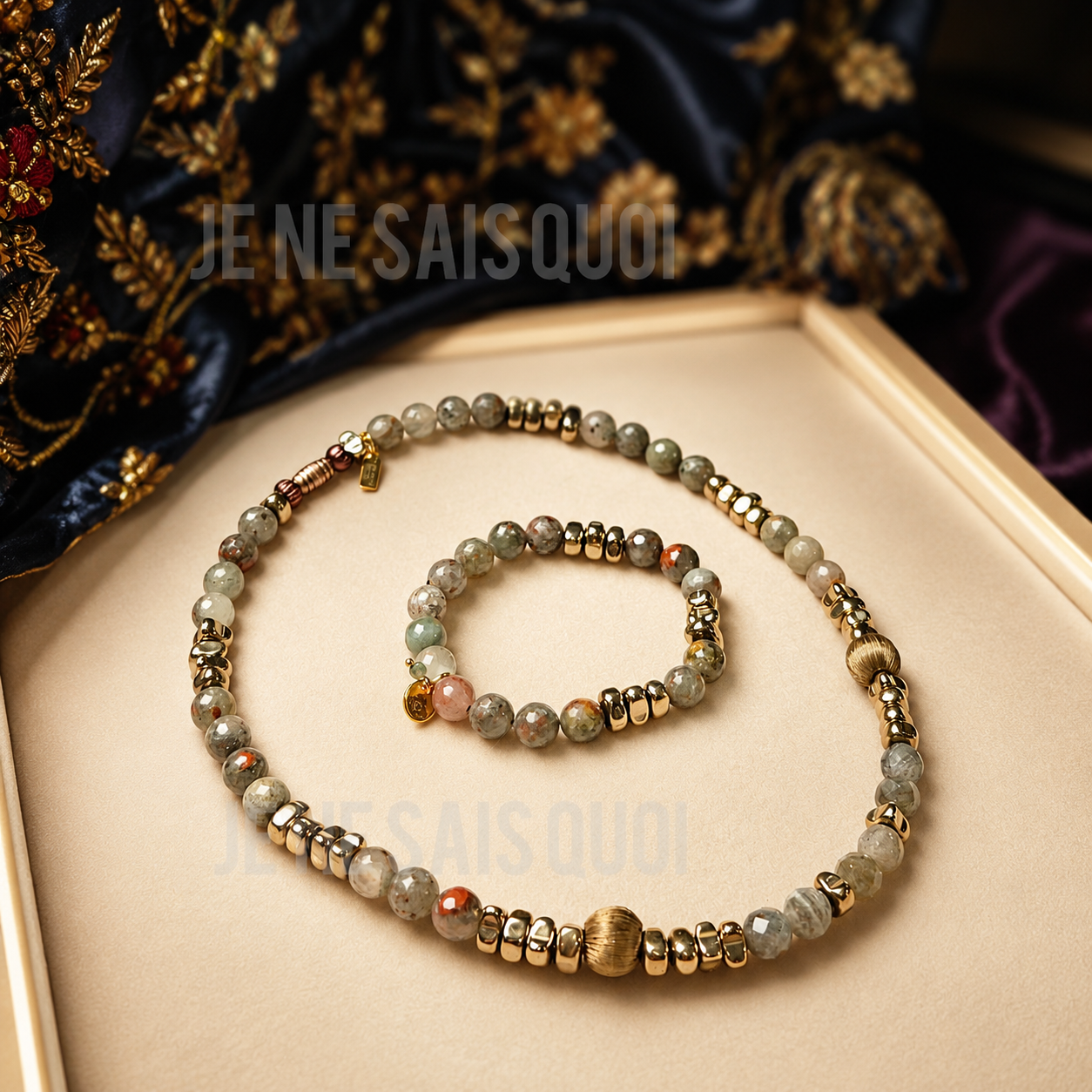 African Bloodstone and Light Gold Hematite Necklace and Bracelet Set