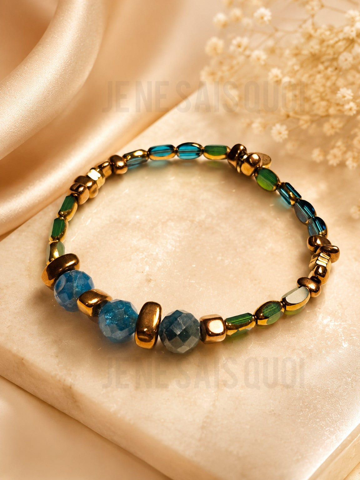 Faceted Lake Blue Tiger’s-Eye and Green Glass Bracelet