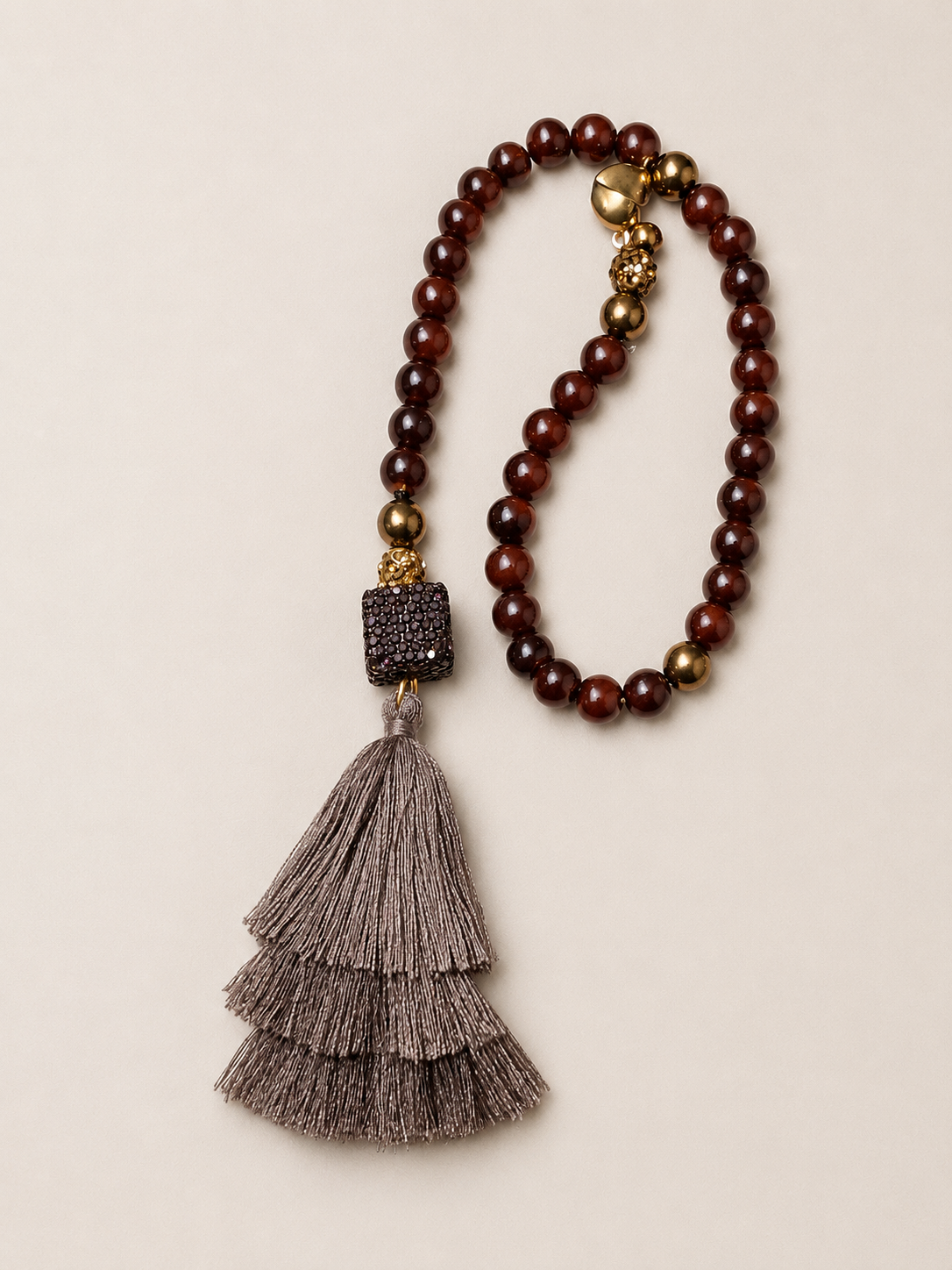 Burgundy Agate Tasbeh with Layered Taupe Silk Tassel
