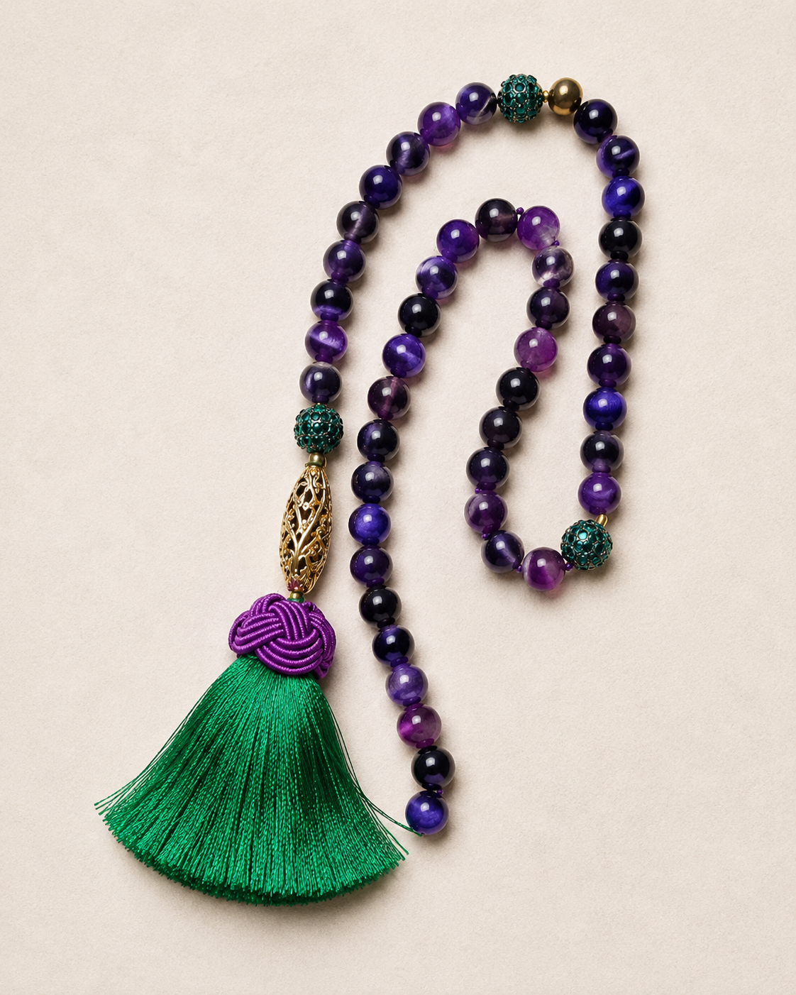 Purple Stripe Agate Tasbeh with Green Silk Tassel