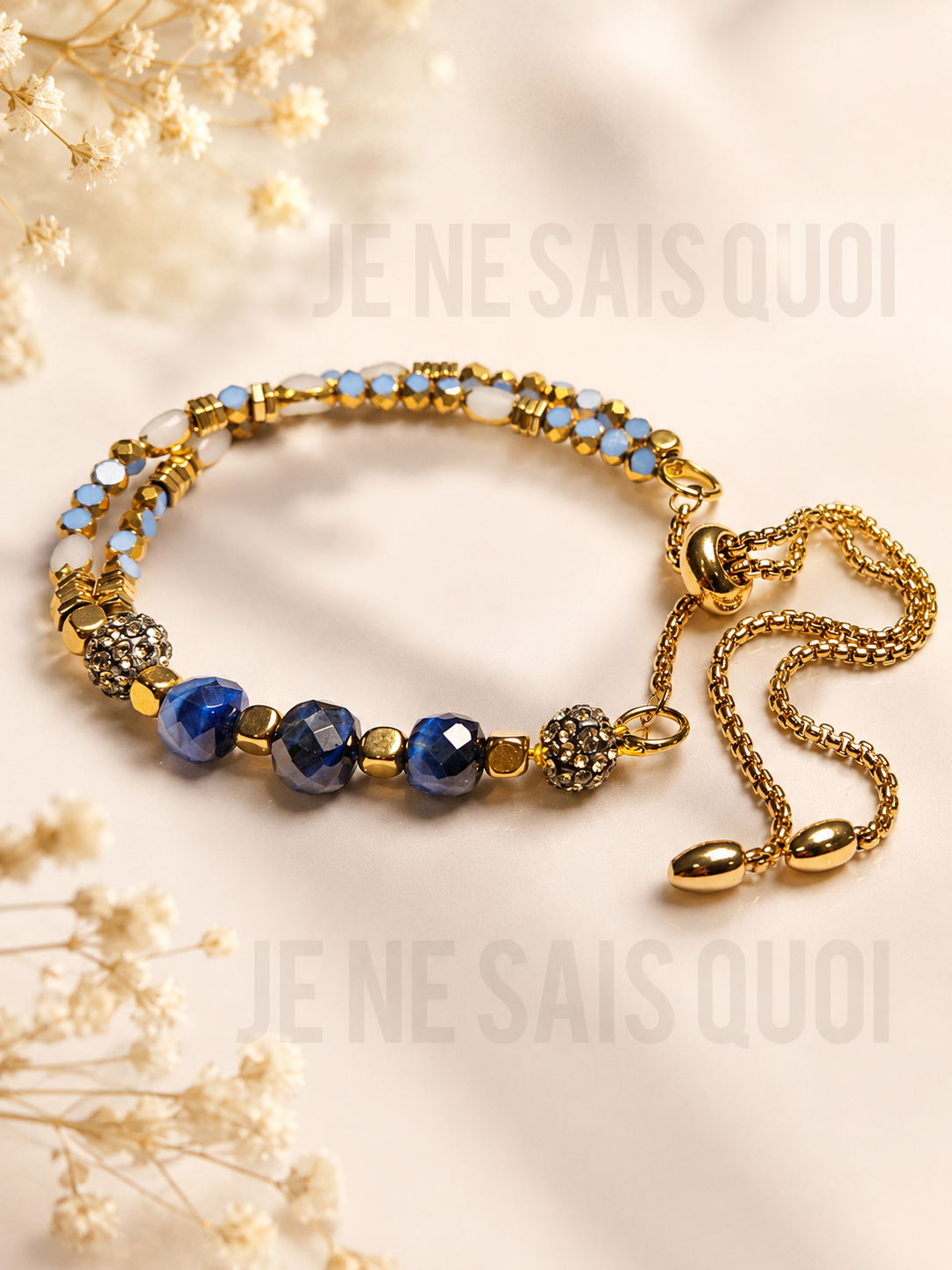 Blue Tiger’s-Eye, Gold-Toned and Rhinestone Adjustable Bracelet