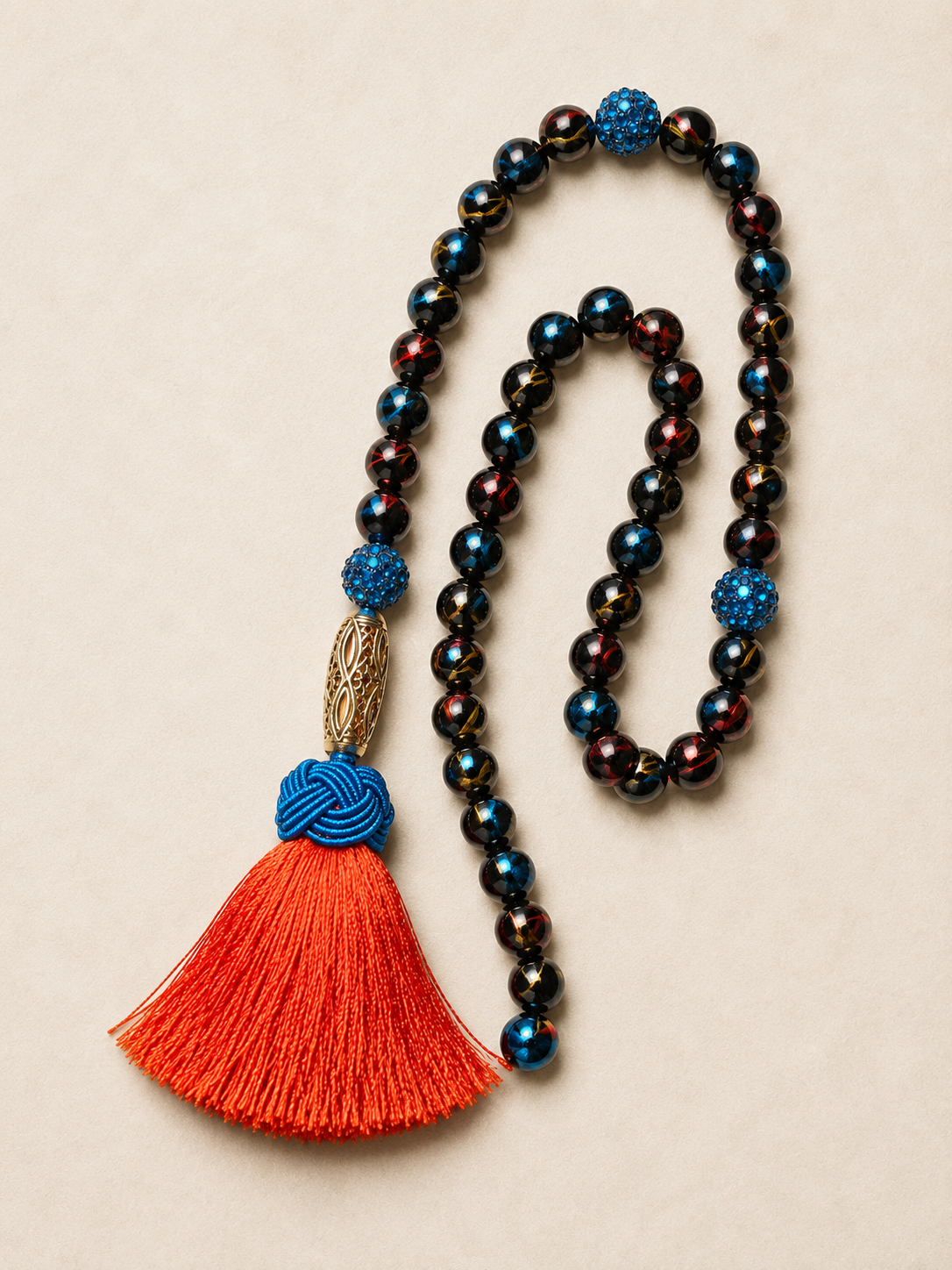 Red and Blue Foiled Agate Tasbeh with Silk Tassel