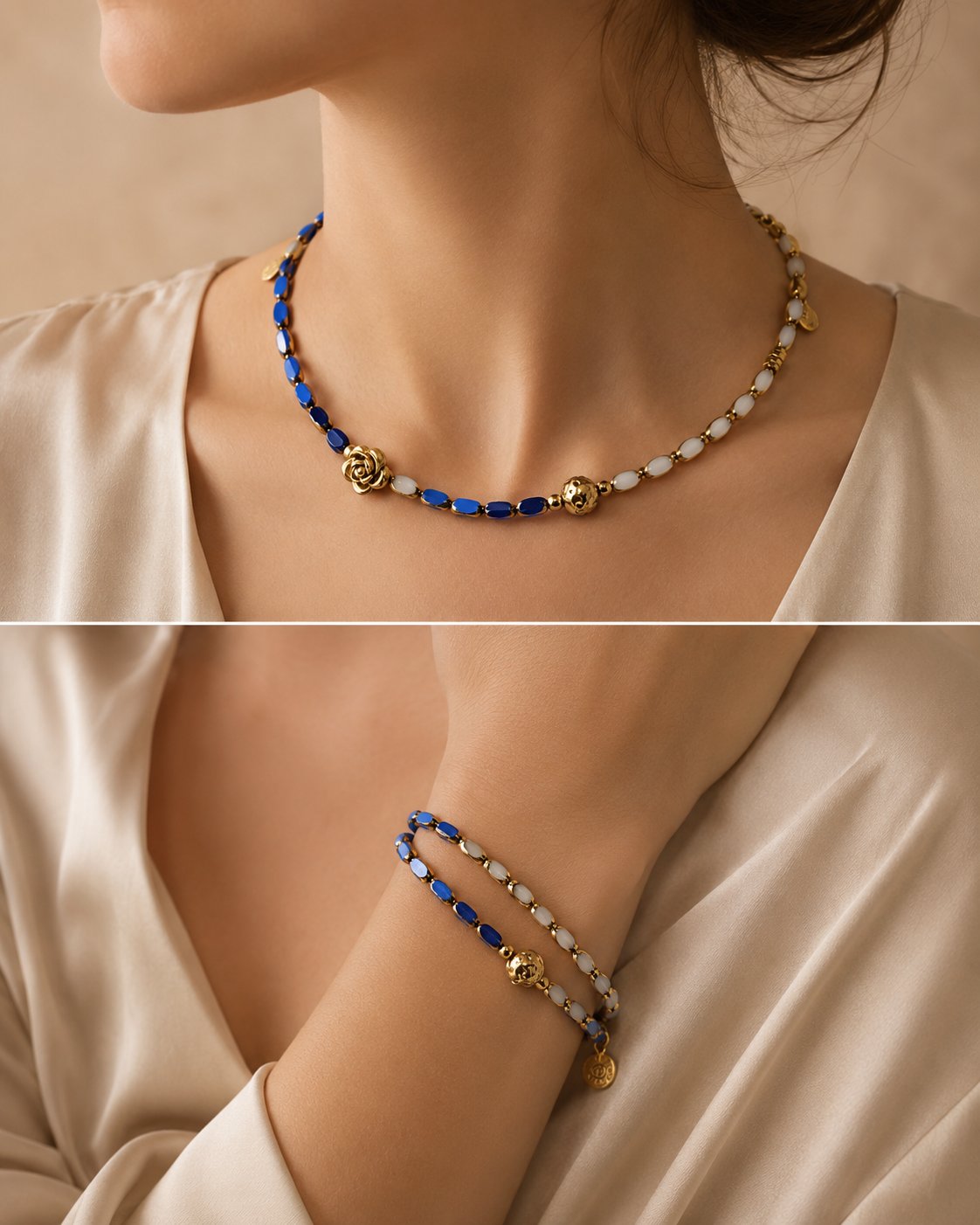 Royal Blue and Milky White Convertible Necklace with Gold-Plated Glass Beads