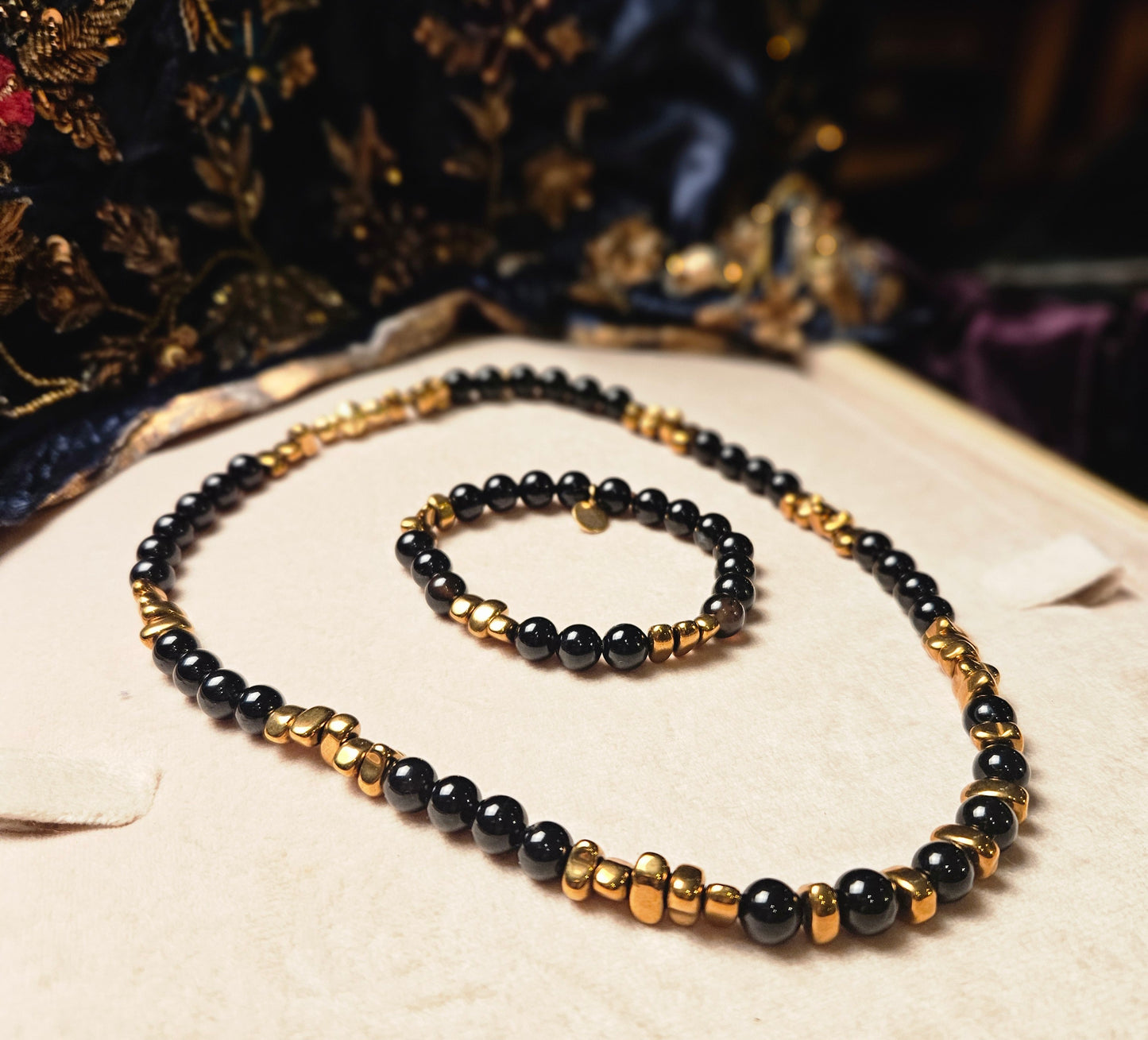 Onyx & Vintage Gold Hematite Necklace and Bracelet Set