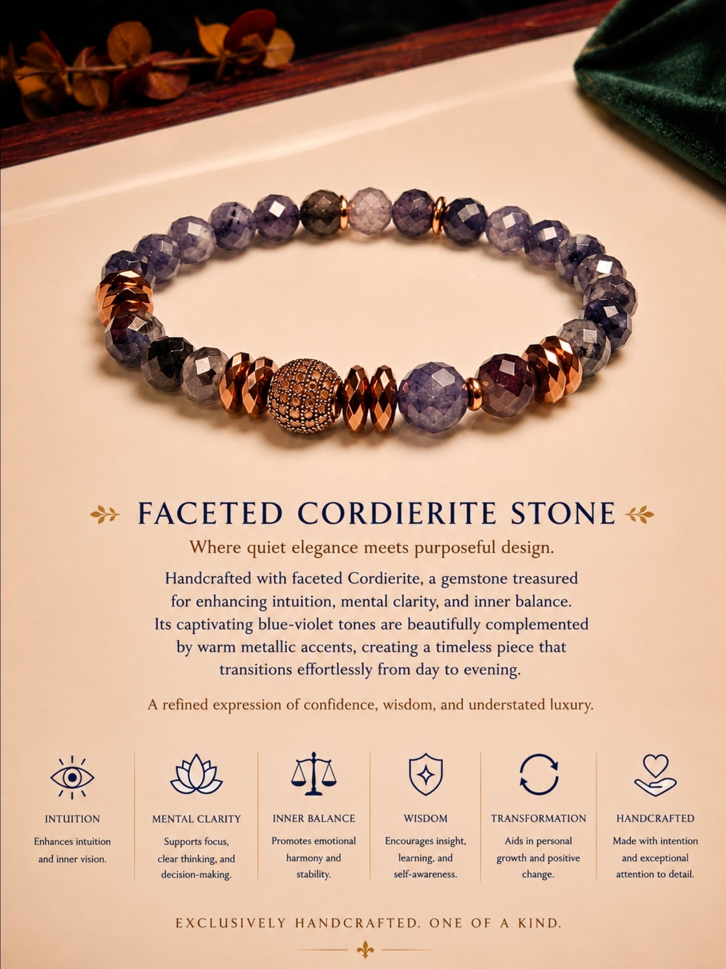Faceted Cordierite and Copper Hematite Bracelet