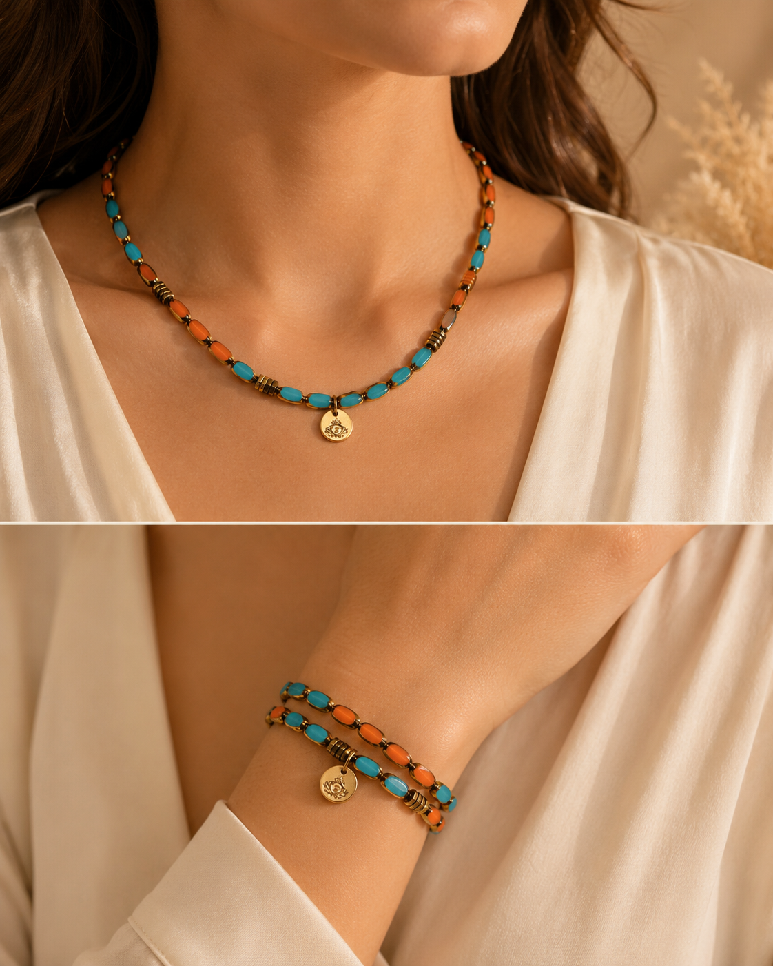 Turquoise and Coral Convertible Necklace with Gold Charm
