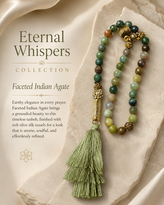 Faceted Indian Agate Tasbeh with Olive Silk Tassel