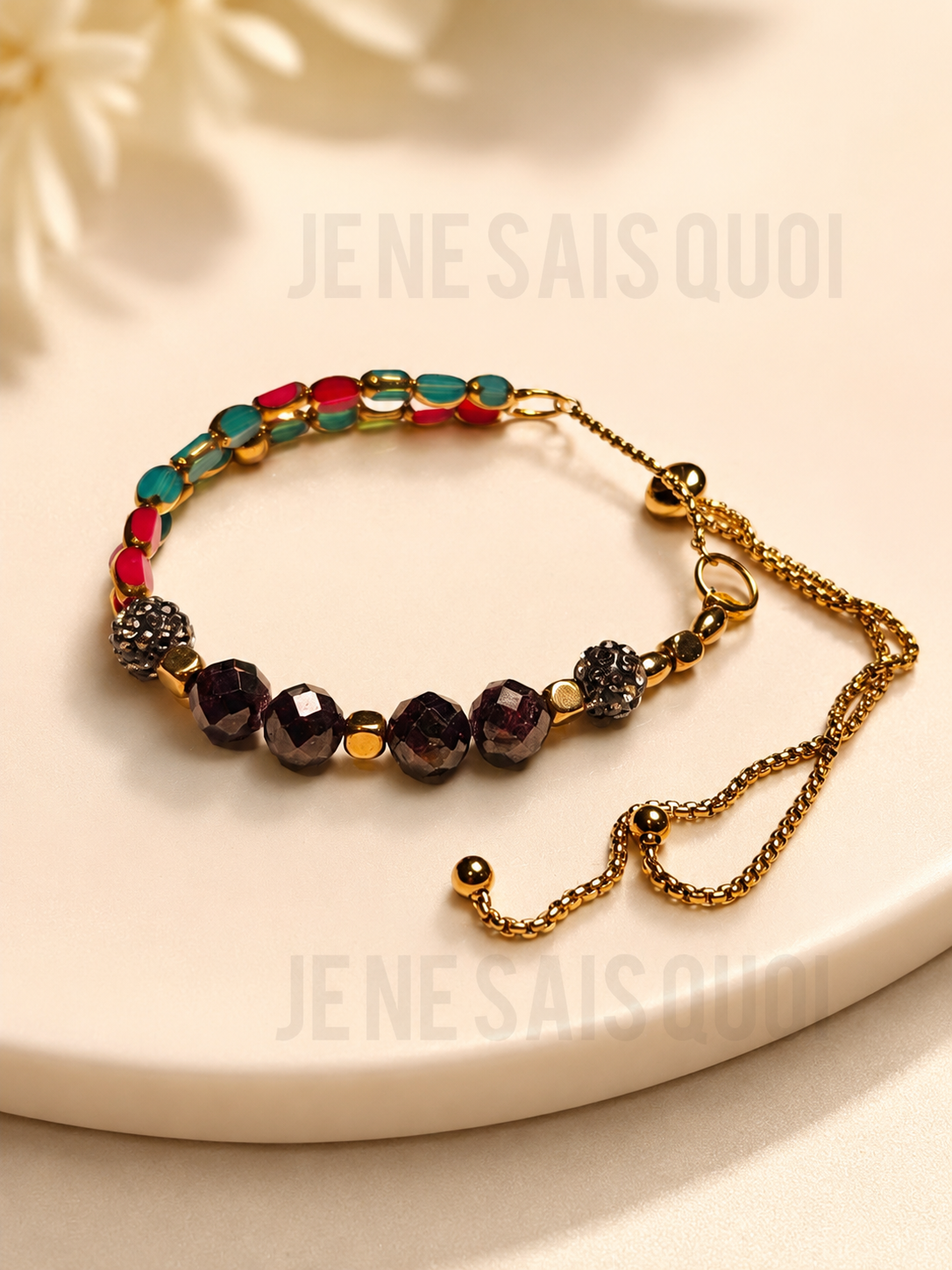 Faceted Garnet, Sea Green and Scarlet Glass Adjustable Bracelet