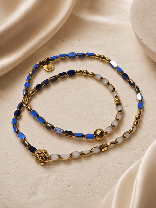 Royal Blue and Milky White Convertible Necklace with Gold-Plated Glass Beads