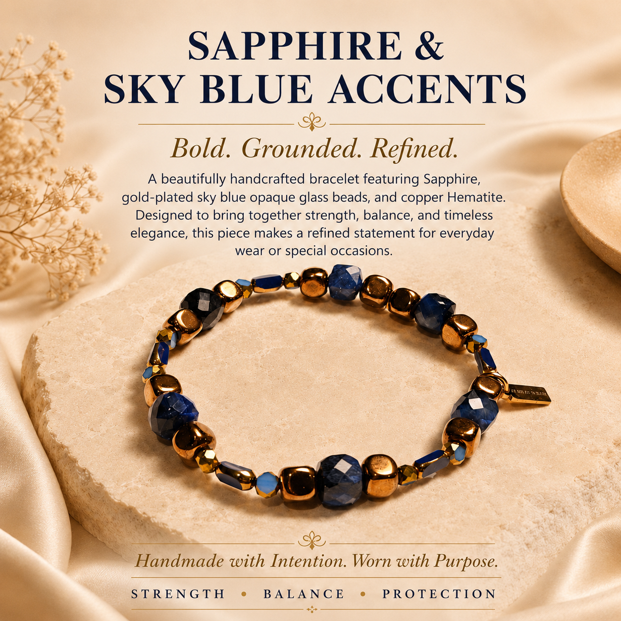 Sapphire, Sky Blue Glass and Copper Hematite Bracelet