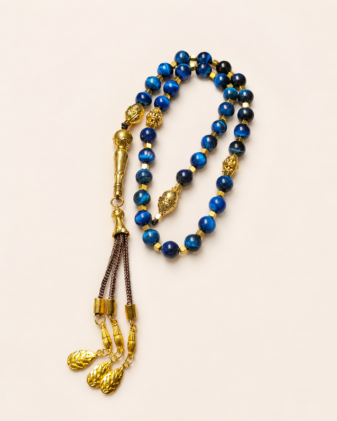 Lake Blue Tiger’s-Eye Tasbeh with 22K Gold-Plated Spacers