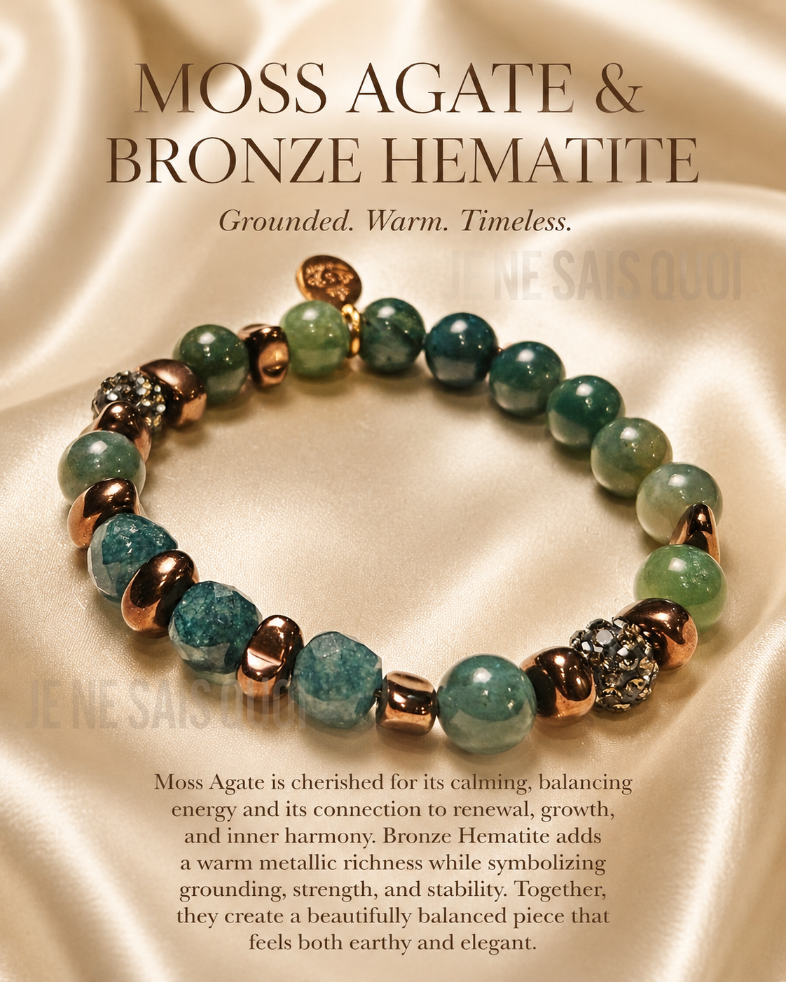 Moss Agate, Bronze Hematite and Champagne Rhinestone Bracelet