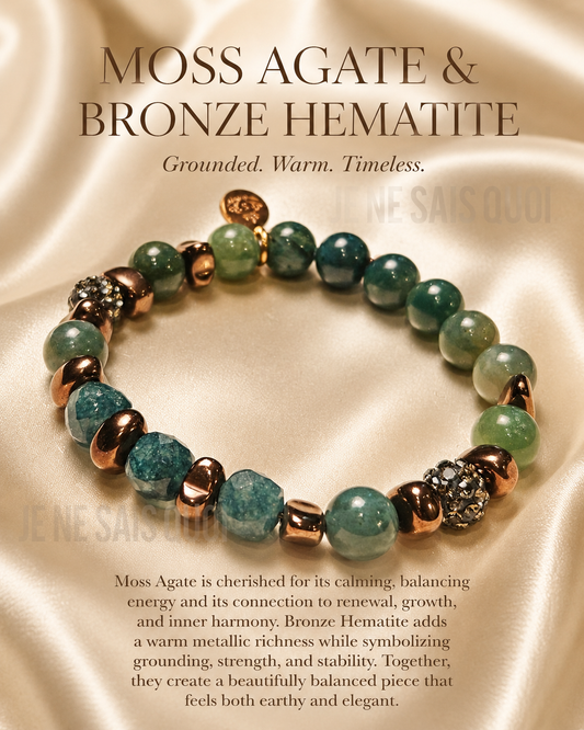 Moss Agate, Bronze Hematite and Champagne Rhinestone Bracelet