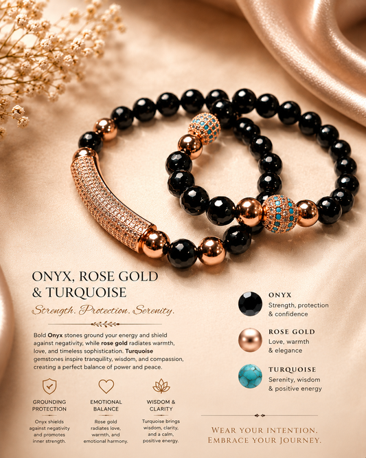 Onyx, Rose Gold and Turquoise Stretch Bracelet Set