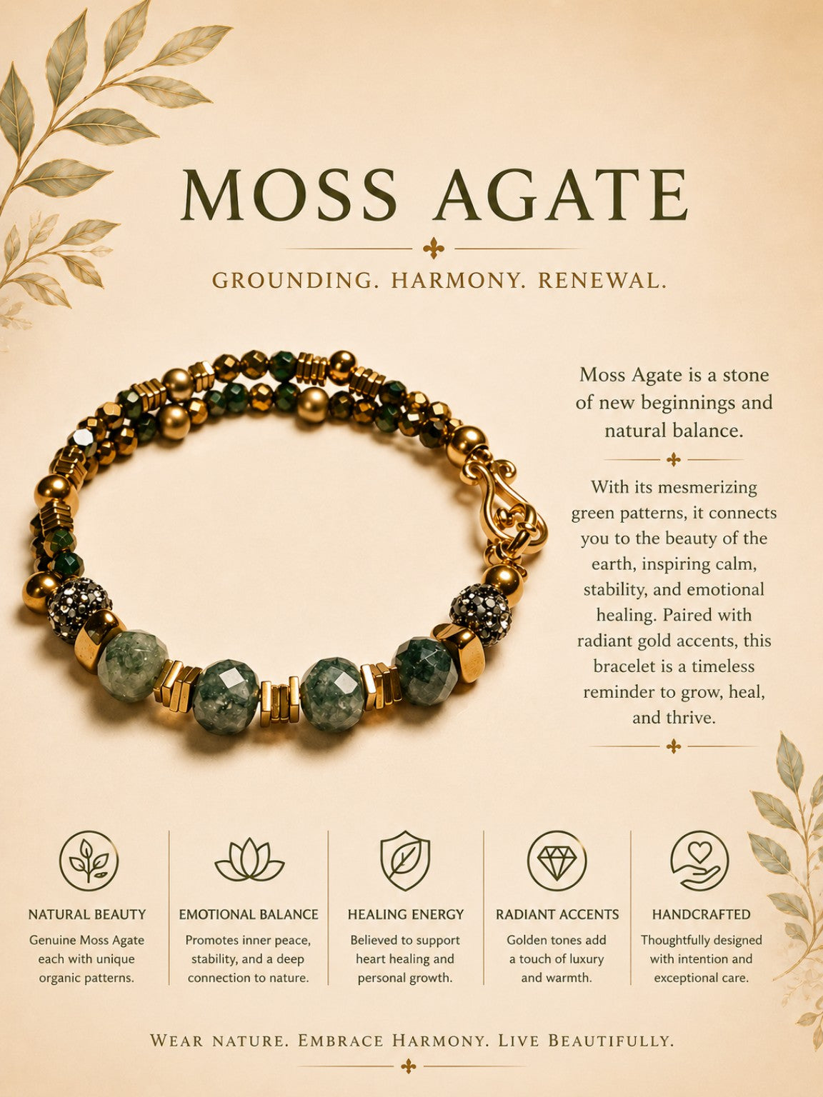 Moss Agate Multi-Strand Statement Bracelet- Regal Eclipse