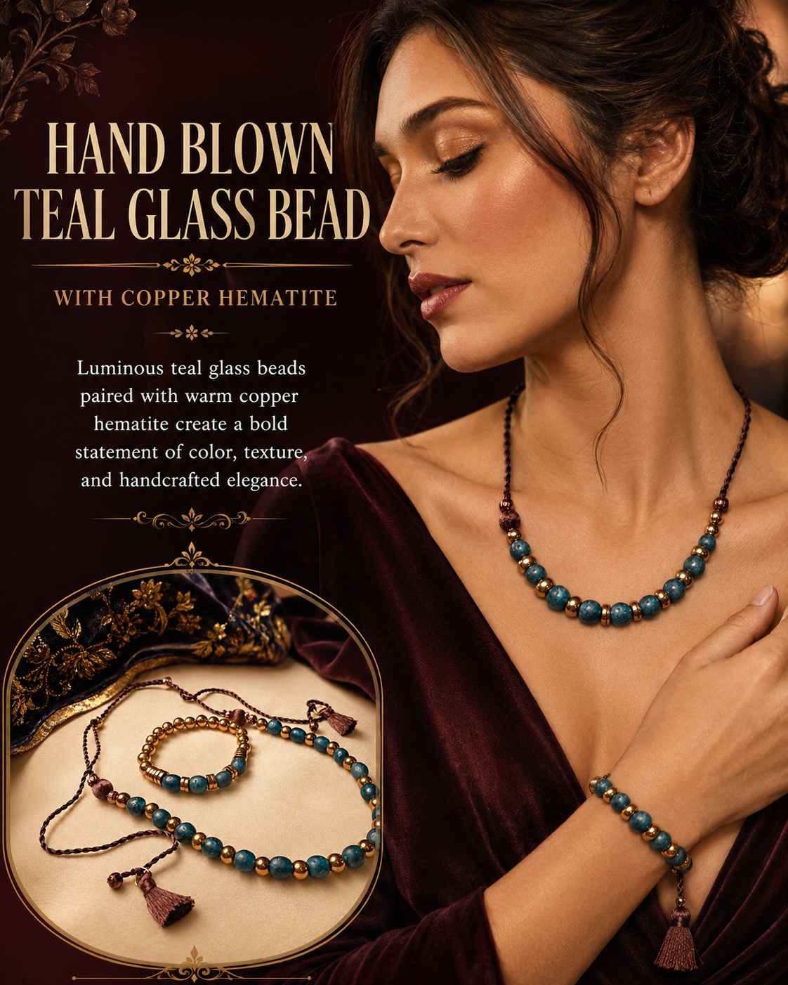 Hand-Blown Teal Glass & Copper Hematite Necklace and Bracelet Set