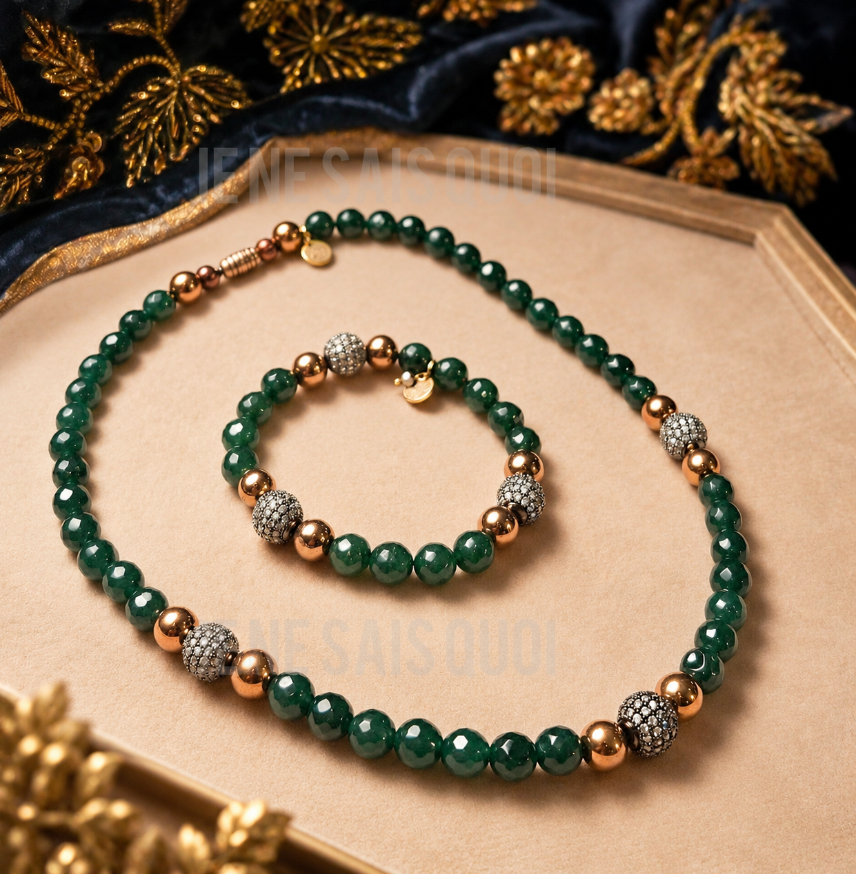 Emerald, Rose-Gold & Blackened Rhinestone Necklace and Bracelet Set