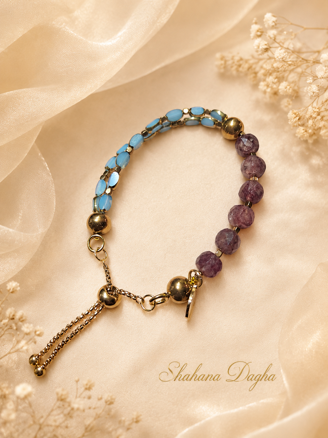 Raw Squared Amethyst and Sky Blue Glass Bead Bracelet