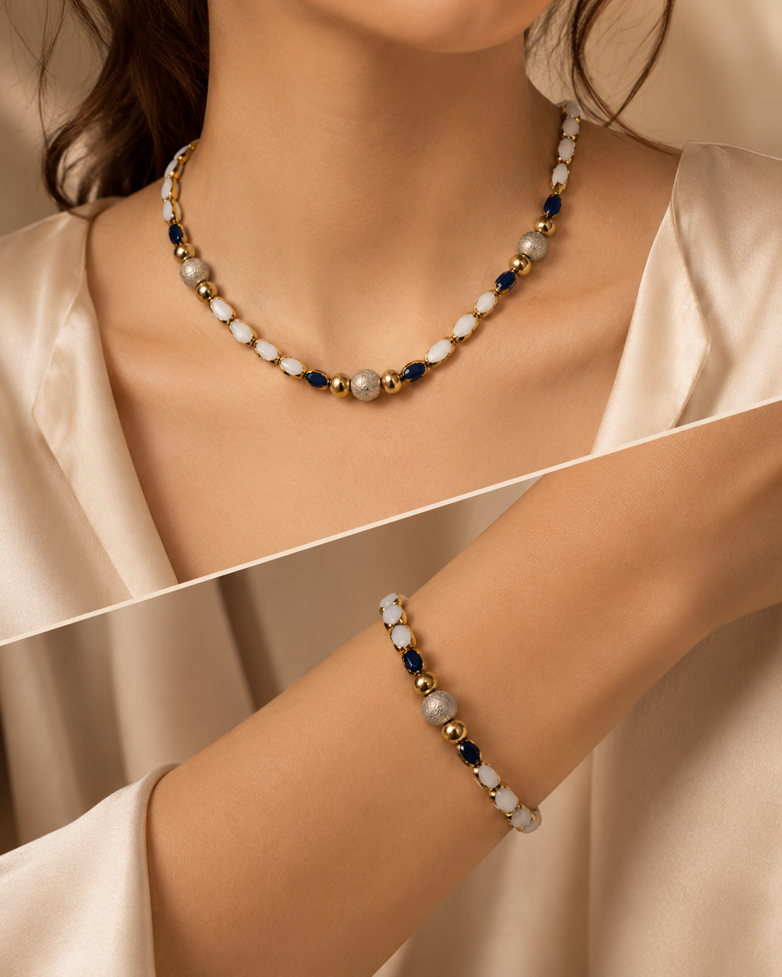 Gold-Plated White and Royal Blue Glass Bead Necklace