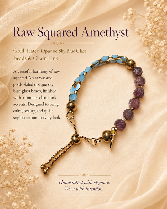 Raw Squared Amethyst and Sky Blue Glass Bead Bracelet