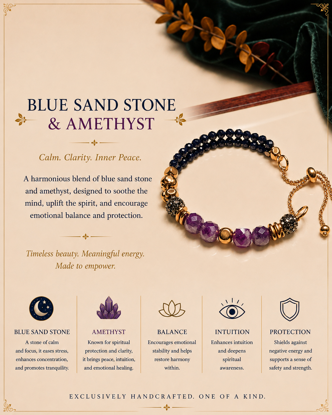 Blue Sandstone and Amethyst Adjustable Bracelet