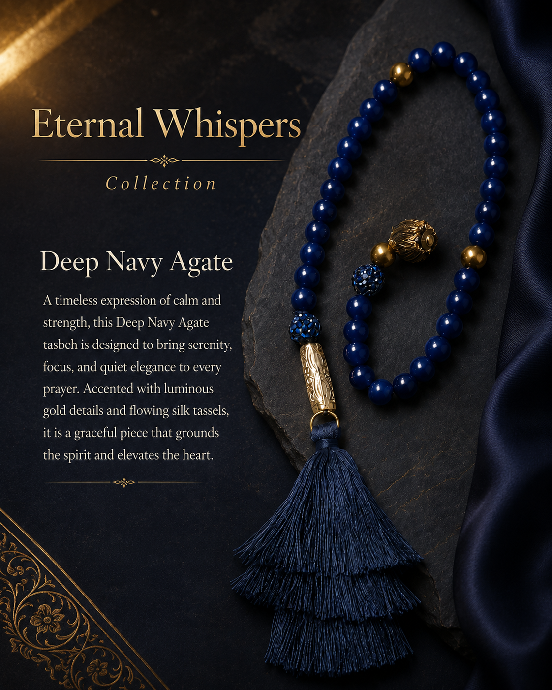 Deep Navy Agate Tasbeh with Navy Silk Tassel
