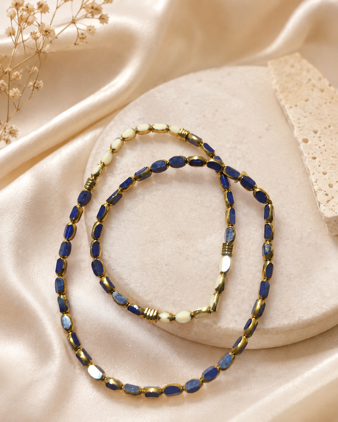 Convertible Royal Blue and Ivory Glass Bead Necklace