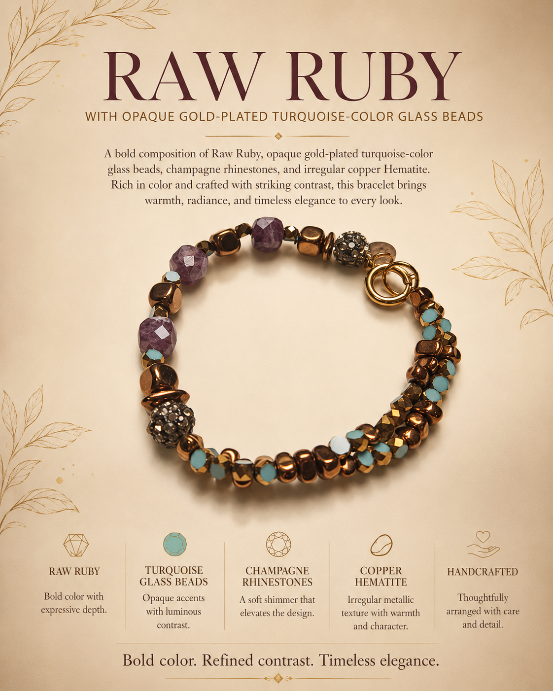 Raw Ruby & Turquoise Glass Beaded Bracelet