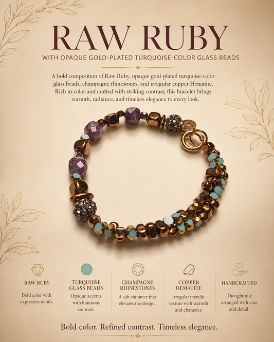 Raw Ruby & Turquoise Glass Beaded Bracelet