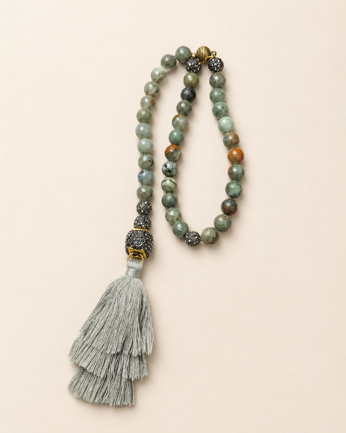 Faceted African Bloodstone Tasbeh with Silver Silk Tassel