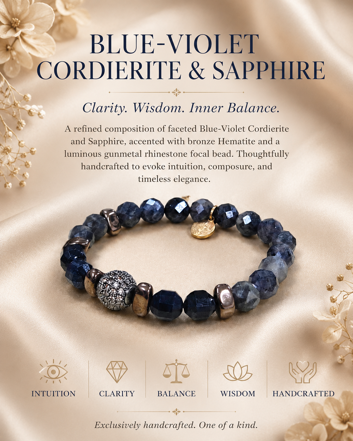 Blue-Violet Cordierite, Sapphire and Bronze Hematite Bracelet