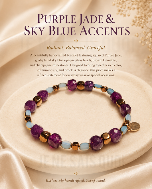 Purple Jade, Sky Blue Glass and Bronze Hematite Bracelet