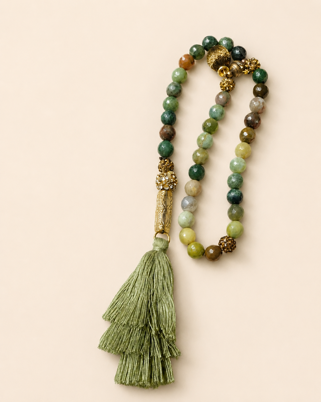 Faceted Indian Agate Tasbeh with Olive Silk Tassel