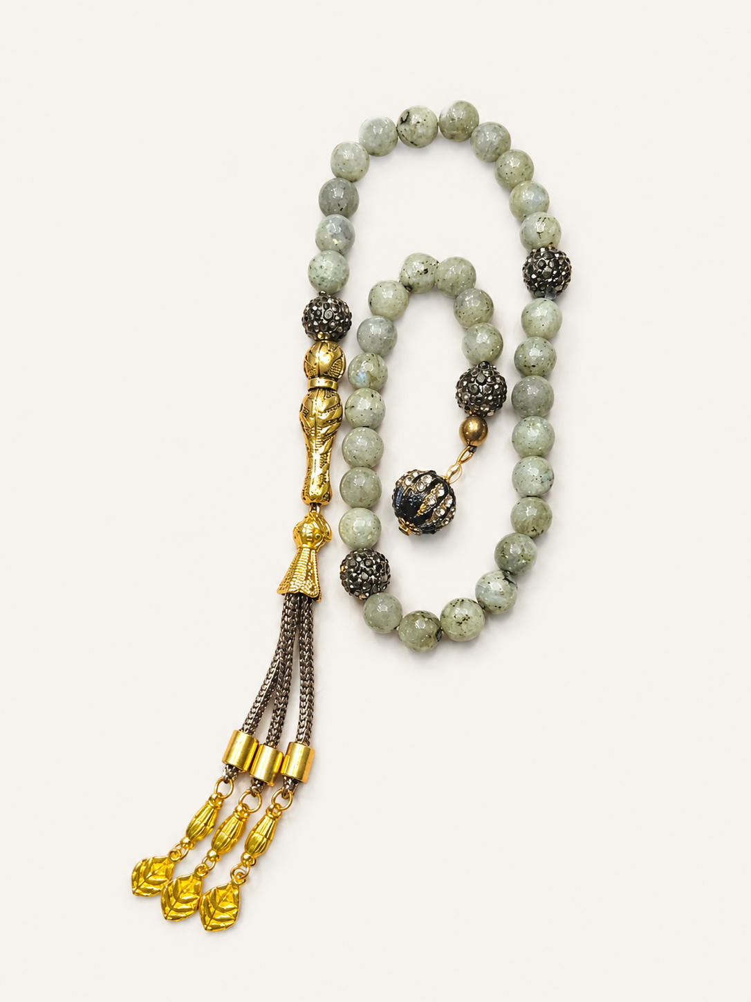 Faceted Labradorite Tasbeh with Ornate Gold Finish