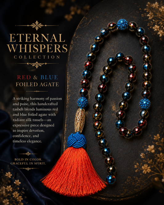 Red and Blue Foiled Agate Tasbeh with Silk Tassel