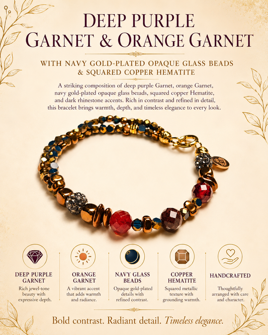 Deep Purple Garnet, Orange Garnet and Copper Hematite Bracelet